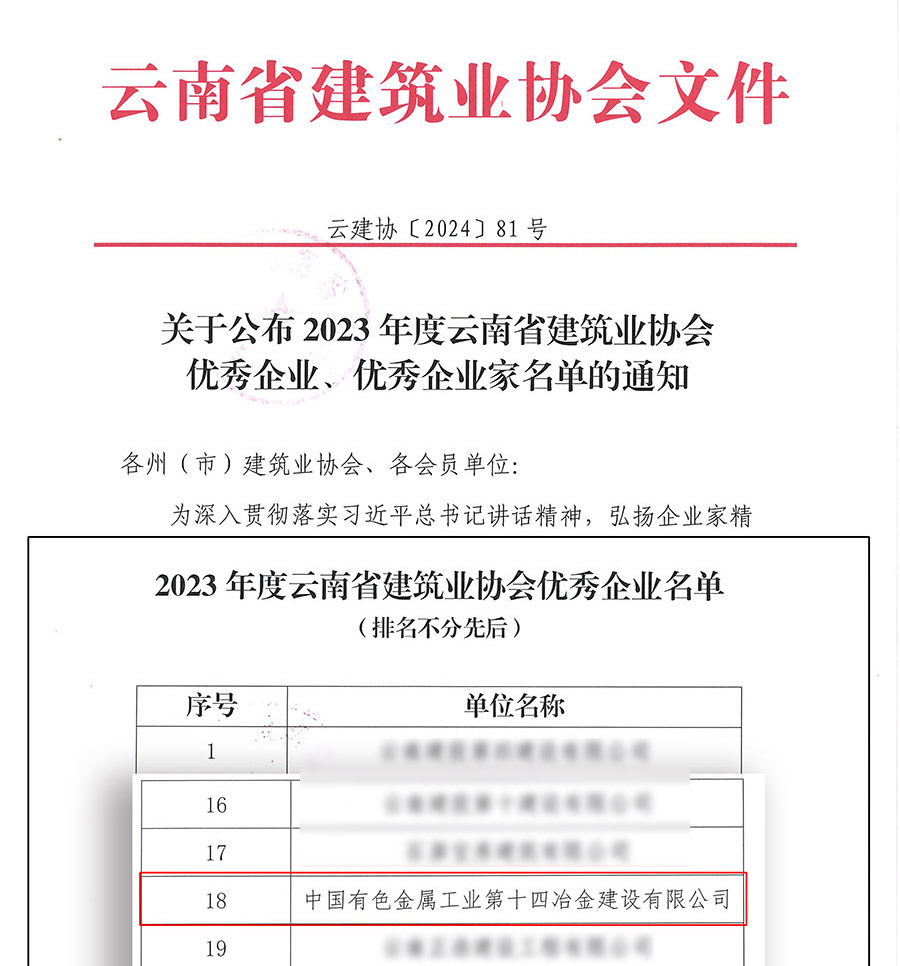 喜訊 | 公司獲評2023年度云南省建筑業協會“優秀企業”